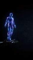 Glowing blue holographic human figure floating above open palm against black background for futuristic technology and digital health concepts.