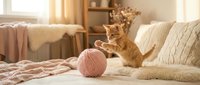 Orange tabby cat playing with pink yarn ball on cozy bed in warm sunlit bedroom interior with knitted pillows and soft home decor atmosphere.