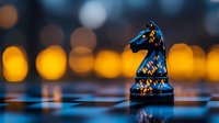 Blue chess knight piece with glowing circuit board pattern on chessboard against blurred city lights bokeh background for strategic business concepts.