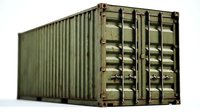 Weathered olive green shipping container with corrugated metal walls and secured cargo doors, suitable for logistics, storage, industrial design, and transportation concepts.