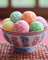 Colorful sugar-coated mochi balls in traditional Asian ceramic bowl with floral pattern. Sweet dessert treats in pastel pink, green, yellow and orange colors.