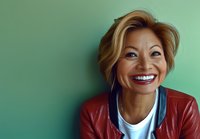 Asian woman with bright genuine smile wearing red leather jacket against green background, expressing joy and confidence in casual modern style.