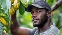 Young African male farmer inspecting ripe yellow cacao pods growing on tree during harvest season. Sustainable agriculture and organic chocolate production concept.