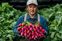 Asian male farmer in cap and apron holding fresh red radishes in organic vegetable garden for sustainable agriculture and farm-to-table marketing.