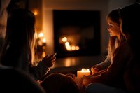 Young women sitting in dark room illuminated by candlelight, creating cozy atmosphere while using mobile phone. Warm golden glow highlights intimate gathering moment.