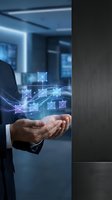Businessman holding glowing digital envelope icons and network connections in cupped hands against modern office background, representing email communication and data transfer technology.