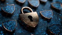 Heart-shaped golden padlock with shield symbols on dark blue digital background represents cybersecurity, data protection and online privacy concept.