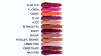 Cosmetic lipstick color palette swatches showing various shades from ruby red to magenta with color names labeled for makeup and beauty applications.
