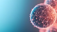 Glowing sphere with connected dots and lines network pattern in coral pink and turquoise blue colors on gradient background, modern technology concept.