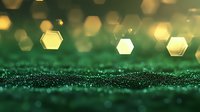 Glowing golden hexagonal bokeh lights floating over dark green glittery surface create magical atmospheric background for festive designs and holiday projects.