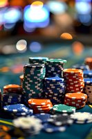 Stacks of colorful poker chips on green felt table with soft bokeh lights in background, creating atmospheric casino gaming ambiance for gambling and betting concepts.