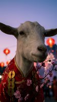 Goat wearing traditional red Asian clothing with gold coins and cherry blossoms against purple twilight sky with lanterns for lunar new year celebration.