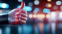 Hand showing thumbs up gesture with magical sparkle effect against blurred bokeh background in red and blue tones, positive feedback concept.