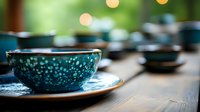 Turquoise ceramic bowl with speckled pattern on wooden table against blurred background with soft bokeh lights, creating serene Asian dining atmosphere.