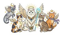Celestial cats with wings and halos isolated on white background, ready for merchandise design, apparel printing, and clipart applications.