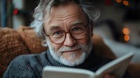 Senior Caucasian man with gray hair and beard wearing glasses smiles warmly while reading book at home, cozy evening atmosphere with soft bokeh lights in background.