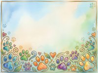 Colorful paw prints border frame with watercolor sky gradient background, isolated on white. Suitable for pet-related designs, greeting cards, posters, and children's materials.
