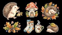 Cute autumn hedgehog clipart set with mushroom house, cozy socks, hot mug, acorns and leaves, isolated on transparent background, for stickers, t-shirts, print on demand.