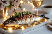 Grilled whole fish garnished with herbs served on white platter with golden coins and fairy lights, cherry blossoms and wine glass creating festive dining atmosphere.