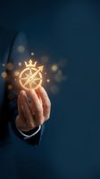 Business hand holding glowing compass with crown symbol representing leadership direction and strategic navigation in corporate environment.