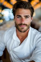 Confident young man with beard wearing white shirt smiling at camera. Warm bokeh lights create atmospheric background for lifestyle and portrait photography.