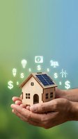 Hands holding wooden house model with solar panels surrounded by energy saving icons and dollar signs on green blue gradient background.