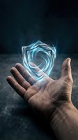 Glowing digital shield hologram floating above open hands representing cybersecurity protection and data safety in futuristic technology concept.