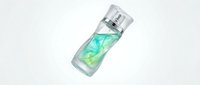 Transparent glass bottle with silver cap containing green and turquoise liquid, isolated on white background, suitable for cosmetics, perfume, skincare product mockups and packaging design.