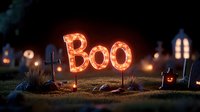 Glowing BOO marquee letters illuminate spooky Halloween graveyard scene with crosses, tombstones and jack o lanterns against dark night background.