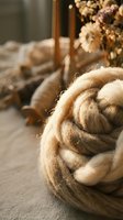 Natural wool roving and knitting needles on rustic table with dried flowers creating cozy crafting atmosphere for handmade textile projects and fiber arts.