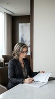 Professional mature businesswoman with glasses writing in notebook at modern office desk reviewing documents and taking notes.