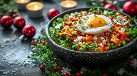 Festive winter salad bowl with fresh vegetables, quinoa, fried egg, and pomegranate seeds, decorated with Christmas ornaments and burning candles on dark background.