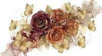 Watercolor floral arrangement with burgundy and peach roses, golden butterflies and leaves on transparent background for wedding invitations.