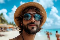 Young bearded Hispanic man wearing straw hat and reflective sunglasses at tropical beach, ocean and palm trees reflected in lenses, summer vacation lifestyle portrait.