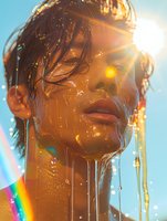 Young Asian woman with wet skin and honey dripping down face against blue background with sun flare and rainbow light effects creating dreamy summer atmosphere.
