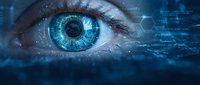 Close-up of a human eye with glowing blue digital overlays, hexagonal grids, and futuristic data elements for technology concepts.