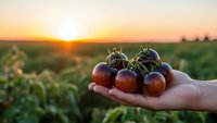 Fresh ripe tomatoes in farmer hand at sunset over agricultural field. Organic farming and healthy food concept for harvest season marketing.