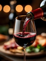Red wine pouring from bottle into glass with warm bokeh lights and appetizers in background creating elegant dining atmosphere for restaurants and bars.