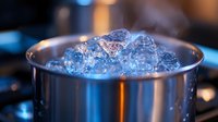 Stainless steel container filled with crystal clear ice cubes illuminated by blue light, creating a cool atmospheric glow against dark background. Perfect for beverage service.