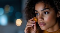 Young African American woman holding amber glass bottle against blurred city lights background at night, natural curly hair and professional makeup.