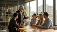 Mature male executive in business suit leading team meeting with diverse colleagues in modern office with city skyline view through windows, discussing strategy and collaboration.