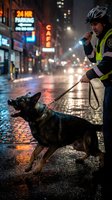Police officer with K9 German Shepherd dog patrolling wet city street at night with neon lights and urban traffic for law enforcement and public safety operations.