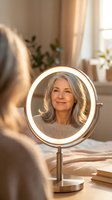 Mature Caucasian woman with gray hair looking at illuminated makeup mirror in cozy bedroom interior with natural lighting and plants.