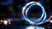 Glowing blue light trails form luminous spiral rings against dark background with bokeh effects, creating magical and futuristic atmosphere for technology designs.