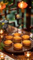 Traditional mooncakes on decorative plate with glowing lanterns and fairy lights creating magical festive atmosphere for Mid-Autumn Festival celebration.