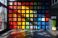 Colorful rainbow bookshelf with spectrum of books arranged from red to blue, creating vibrant interior design element in modern space with natural light.