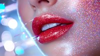 Sensual red glossy lips with sparkly glitter makeup and blue bokeh lights in background, close up beauty shot for cosmetics and glamour advertising.