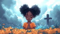 Young African American girl with afro puffs praying peacefully in orange dress among wildflowers at dusk, dramatic cloudy sky and cross silhouette create spiritual atmosphere.