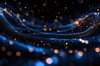 Abstract glowing particles with blue light trails and golden bokeh effects on dark background create magical atmosphere for festive designs.