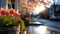 Vibrant orange tulips in wicker basket against urban street backdrop with dramatic sunset light creating reflections in rain puddle, spring atmosphere in residential area.